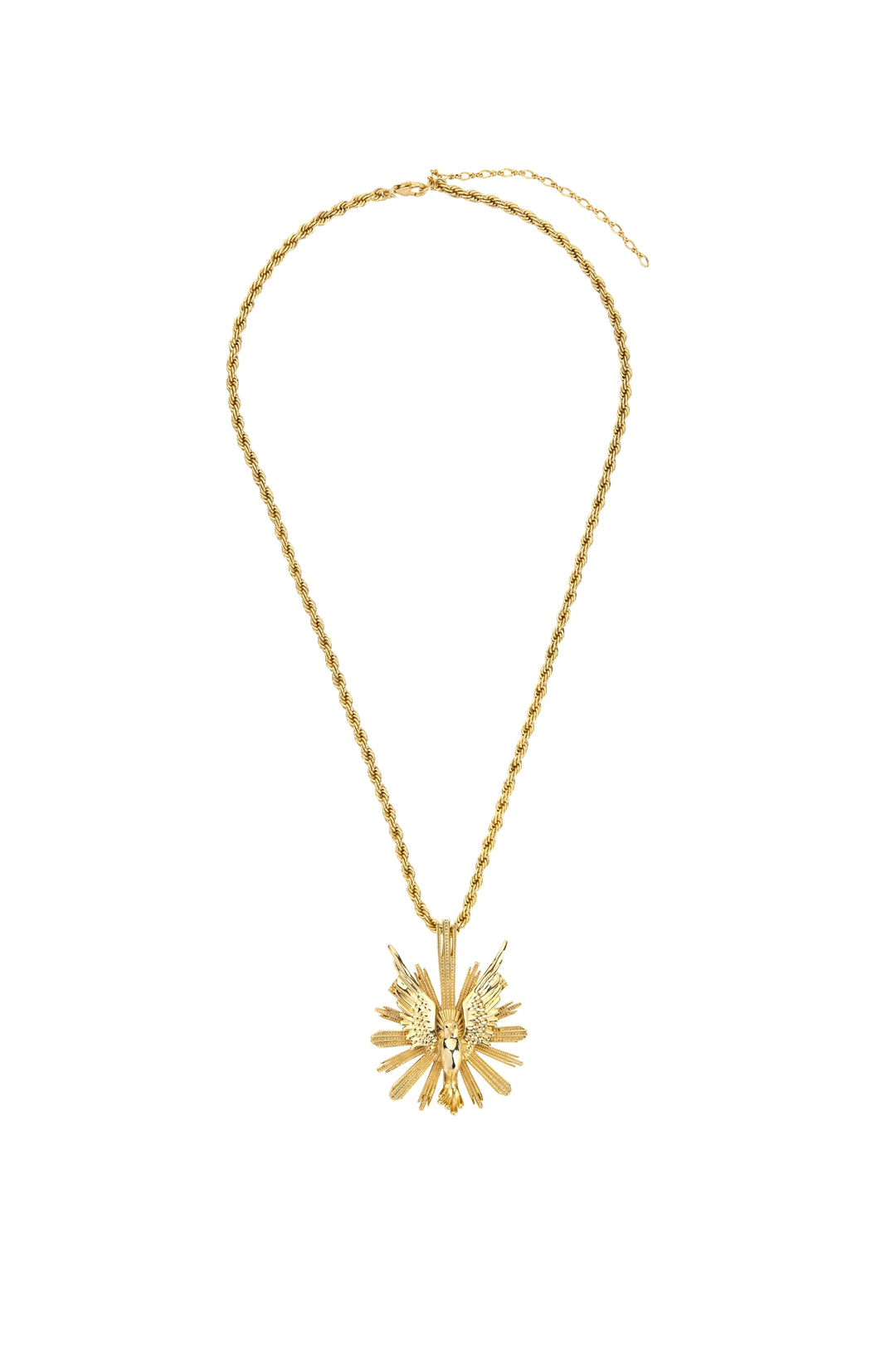 Gold chain necklace with large ornate bird pendant, detailed outstretched wings; front view on white.
