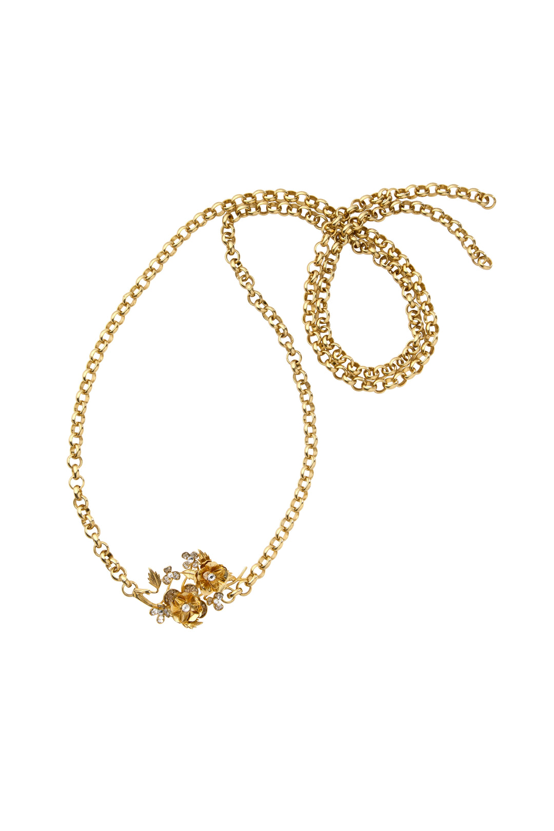 Gold crescent moon necklace with white crystals, delicate chain and polished finish, front view on white.