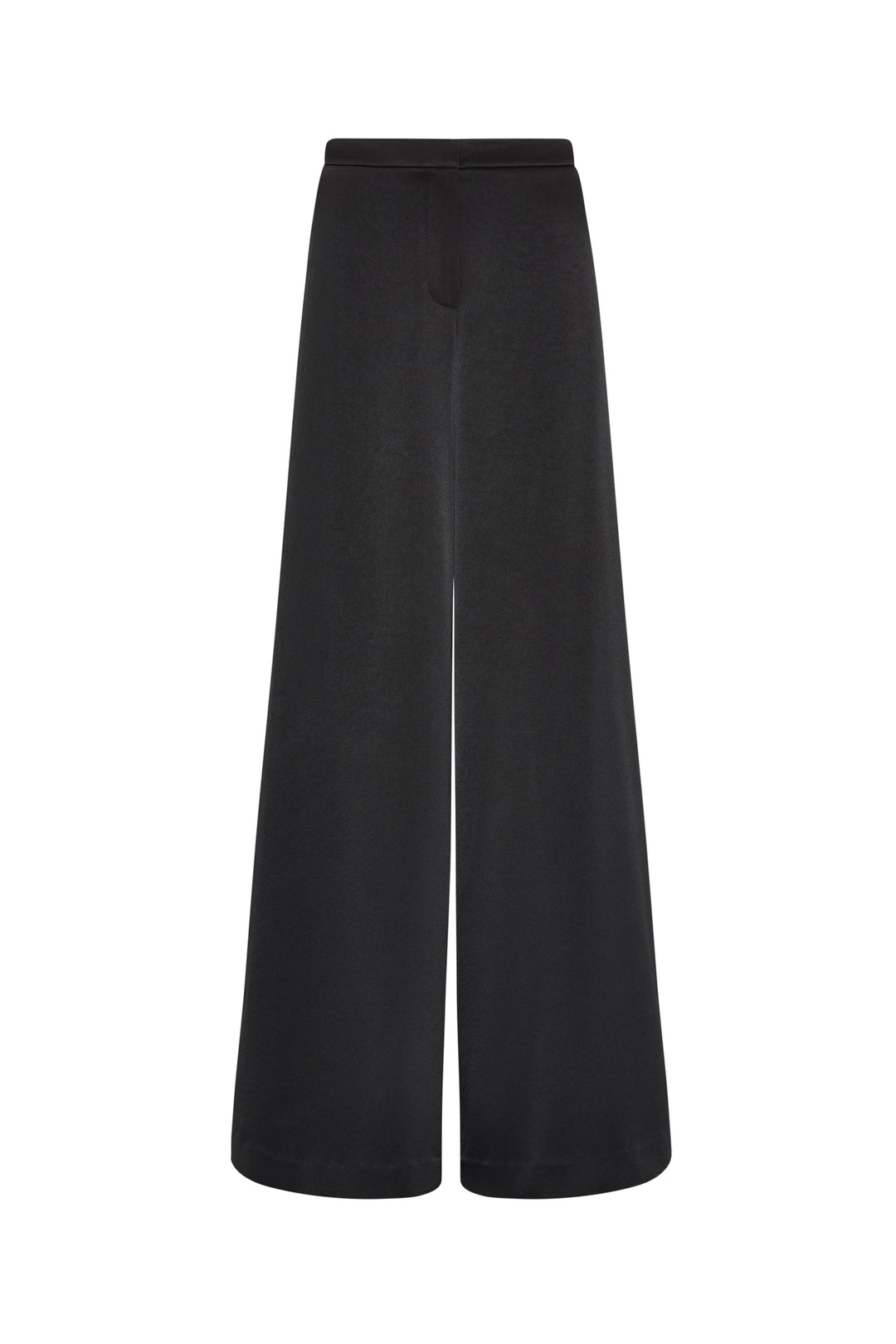Wide-leg, high-waist crepe pant with loose fit and smooth satin finish. Front view on white.