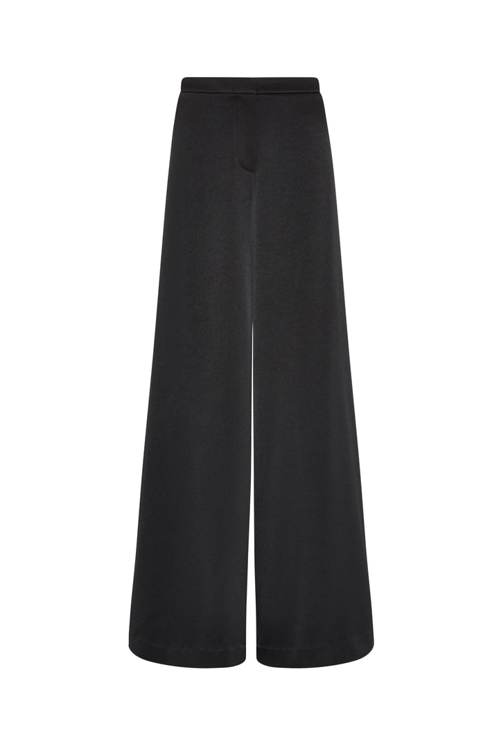 Wide-leg, high-waist crepe pant with loose fit and smooth satin finish. Front view on white.