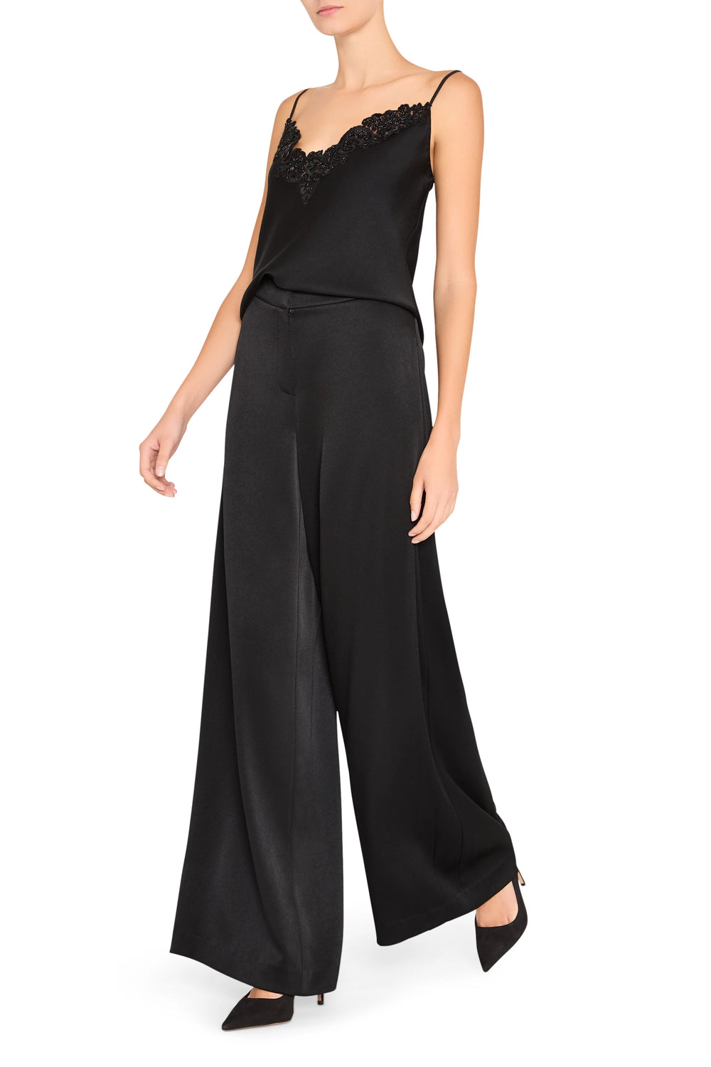 Wide-leg crepe pant with fluid drape and tailored waistband, full-length silhouette; front view on model.