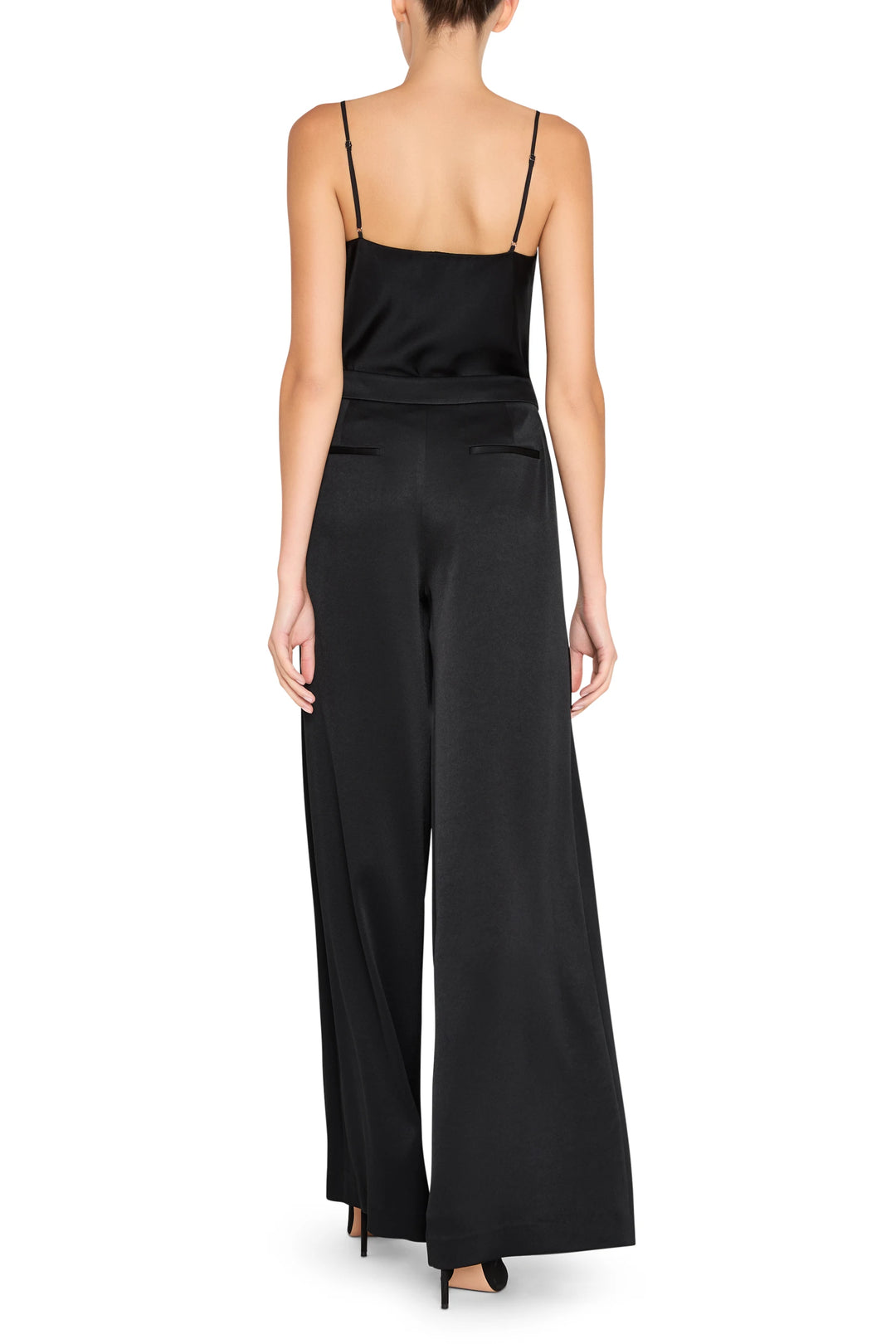 Wide-leg crepe pant with smooth silhouette and clean waistband, fluid drape. Back view on white.