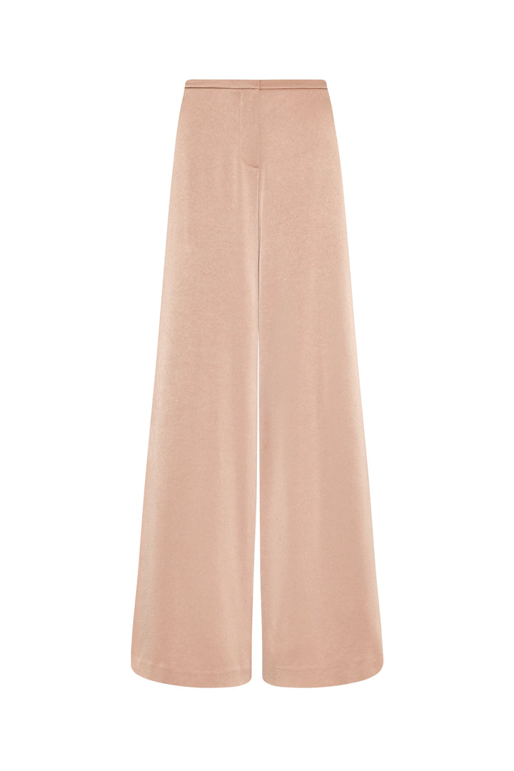 Wide-leg high-waisted pant in satin back crepe with fluid drape and smooth finish, front view on white.