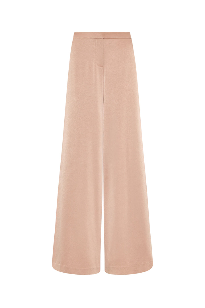 Wide-leg satin back crepe pant, high-waisted with relaxed silhouette and soft drape, front view on white.