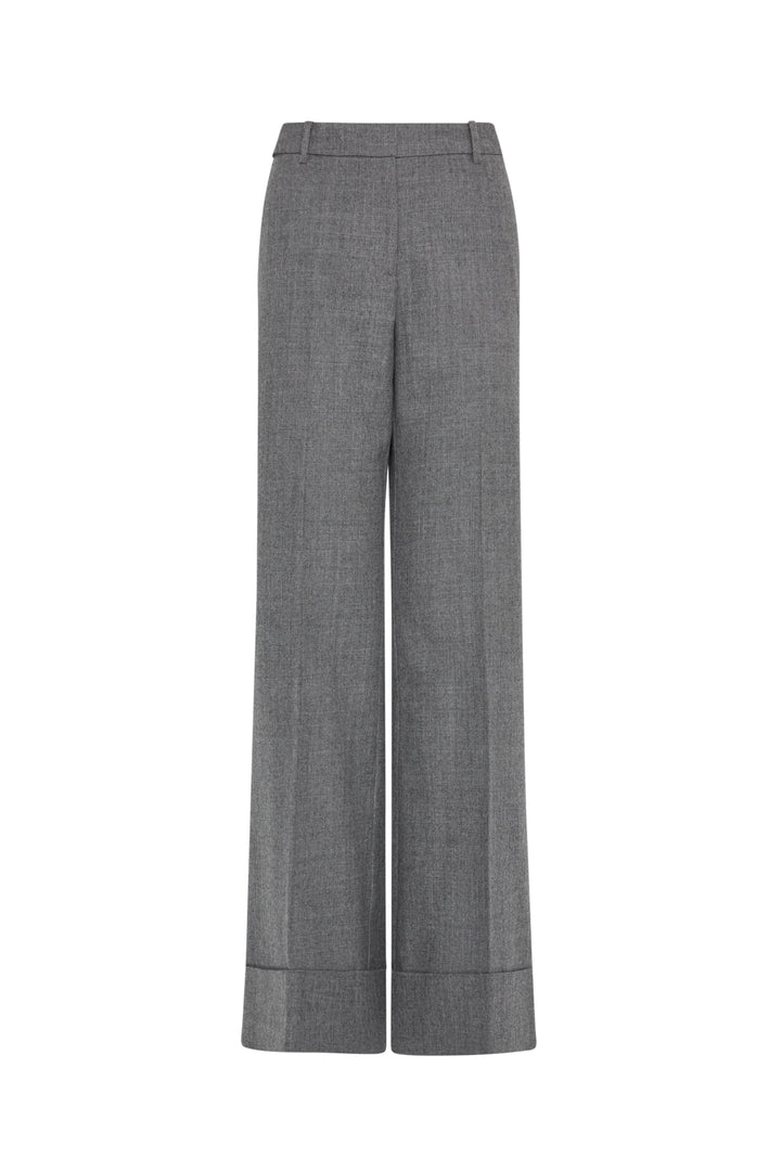 Wide-leg trousers in flannel with belt loops and wide cuffed hem, tailored silhouette. Front view on white.