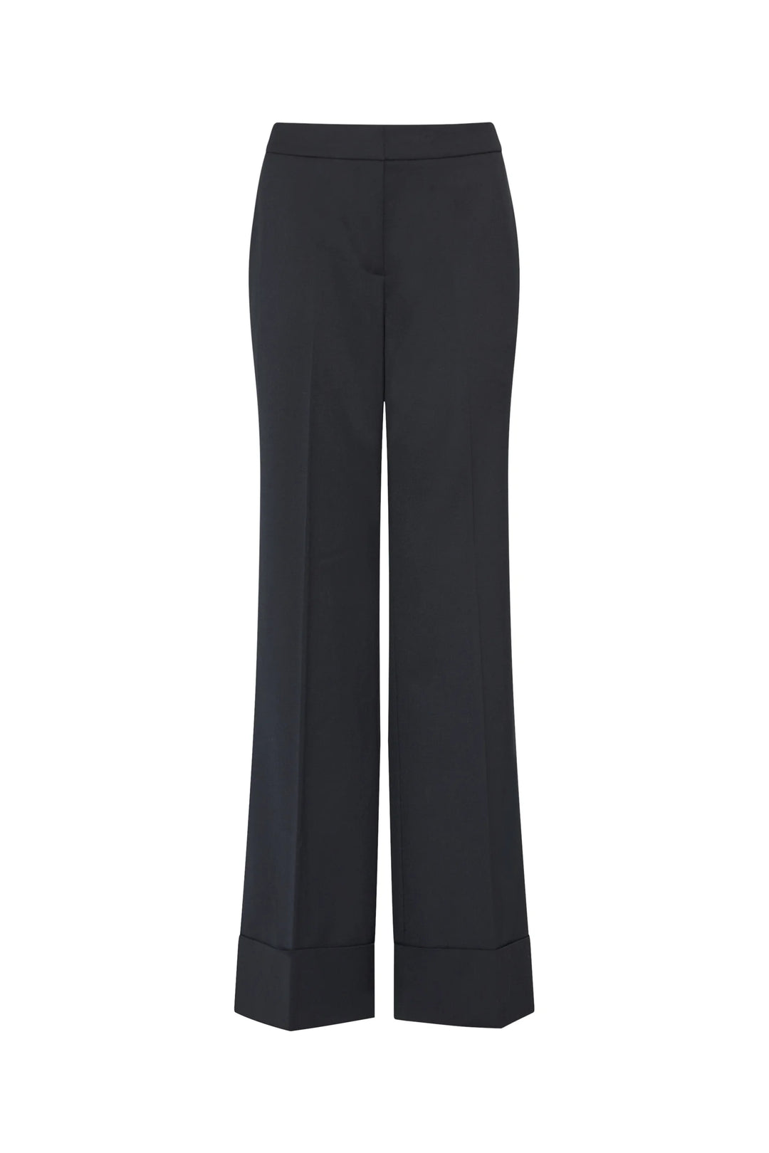 Kenny Twill Pant: wide-leg tropical wool trousers with front creases and cuffed hems, front view on white.