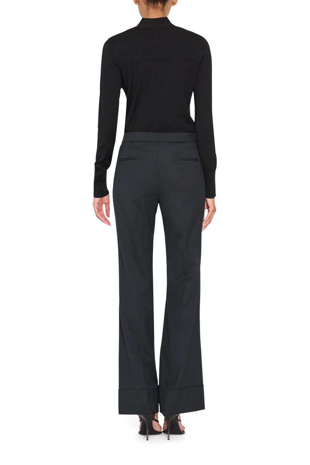 Kenny Twill Pant straight-leg tropical wool trousers with waistband, back welt pockets, and cuffs, back view.