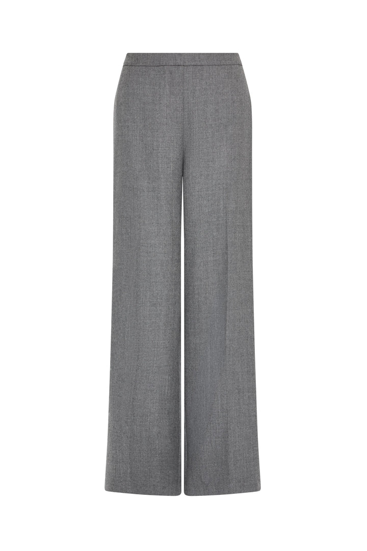 Gray wide-leg flannel trousers with tailored waistband, no pockets, streamlined silhouette; front view on white.