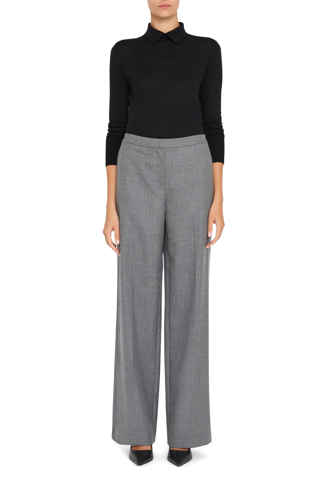 Wide-leg flannel pant with pull-on waistband in soft fabric, full length. Front view on white.