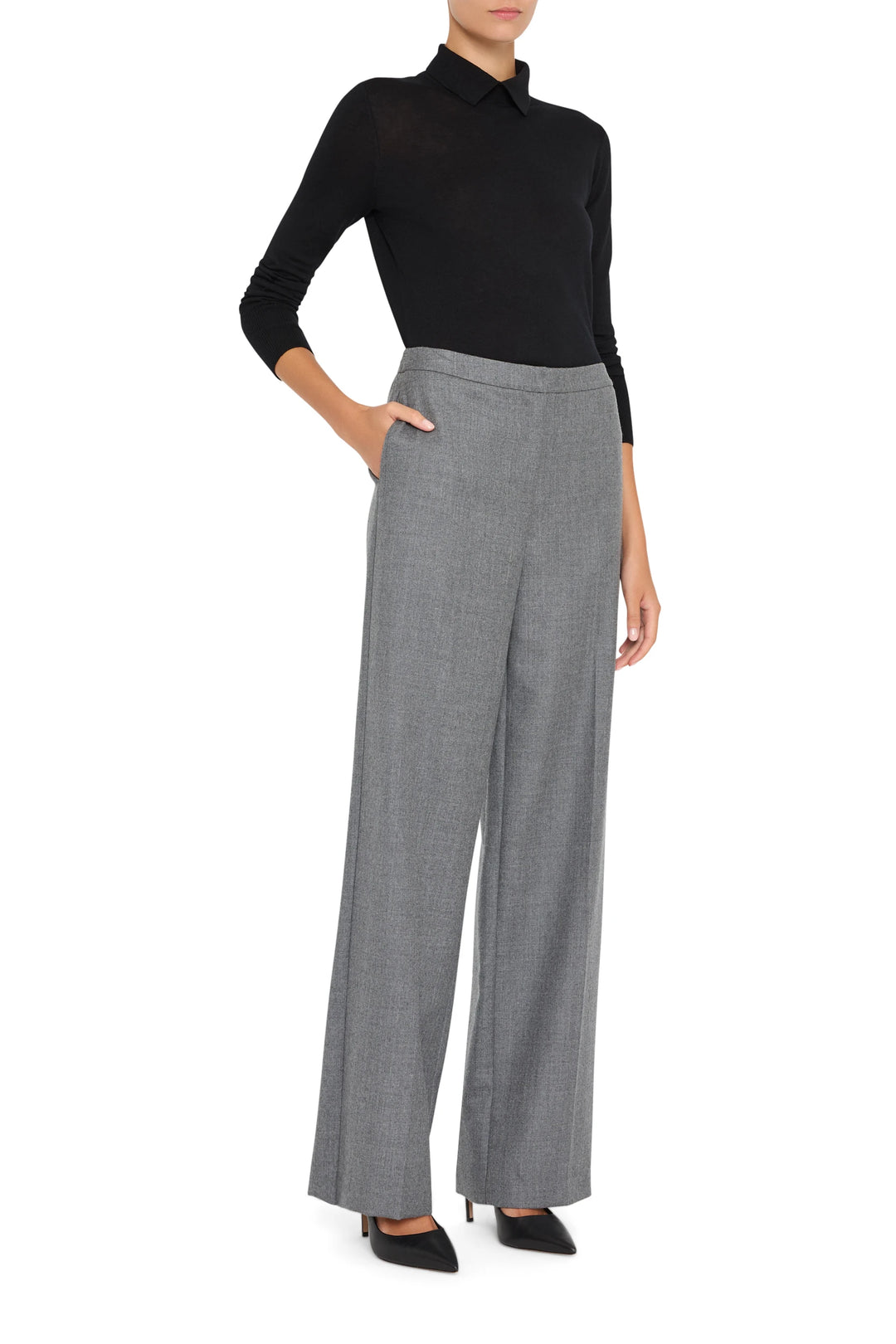 Modern trouser with elastic waistband, straight leg silhouette, soft flannel fabric; front view on model.