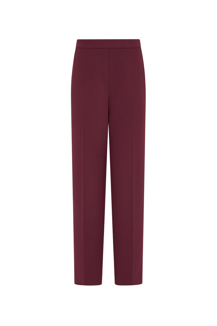 High-waist tailored crepe ankle pant with slim silhouette and clean finish. Front view on white.