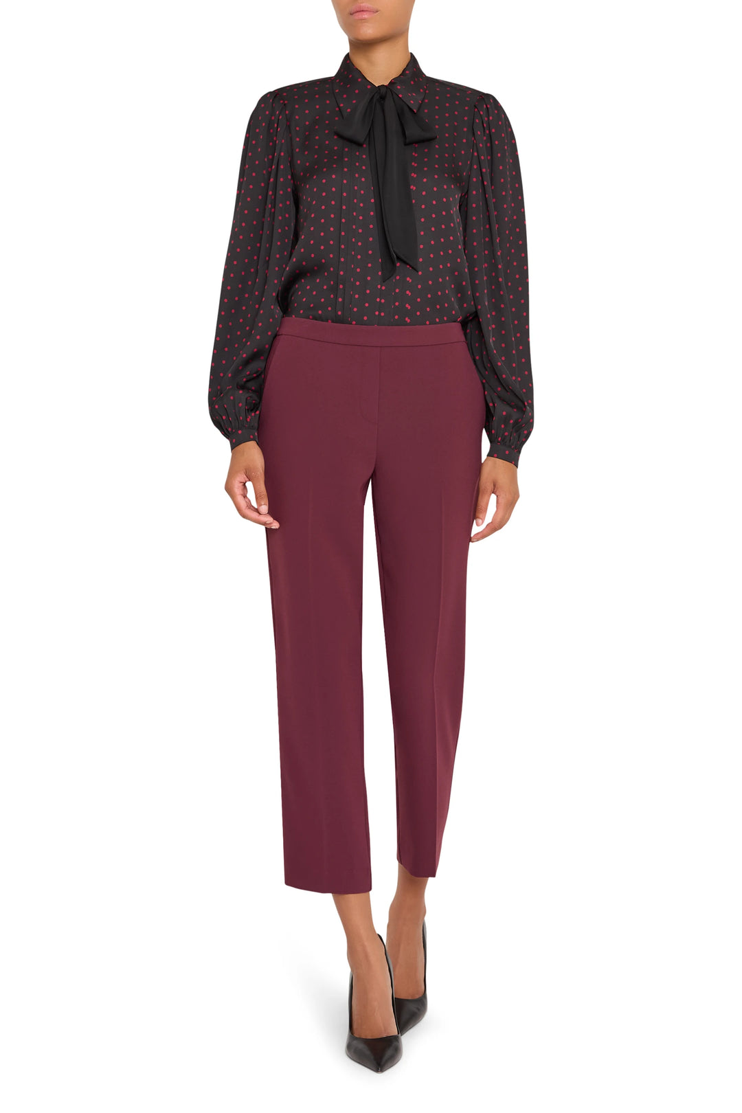 Straight-leg ankle pants in crepe with pull-on waist, front view on model.