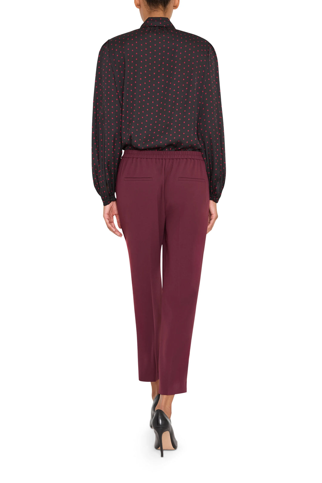 Fluid crepe ankle pant with pull-on waist and straight silhouette, front view on model.