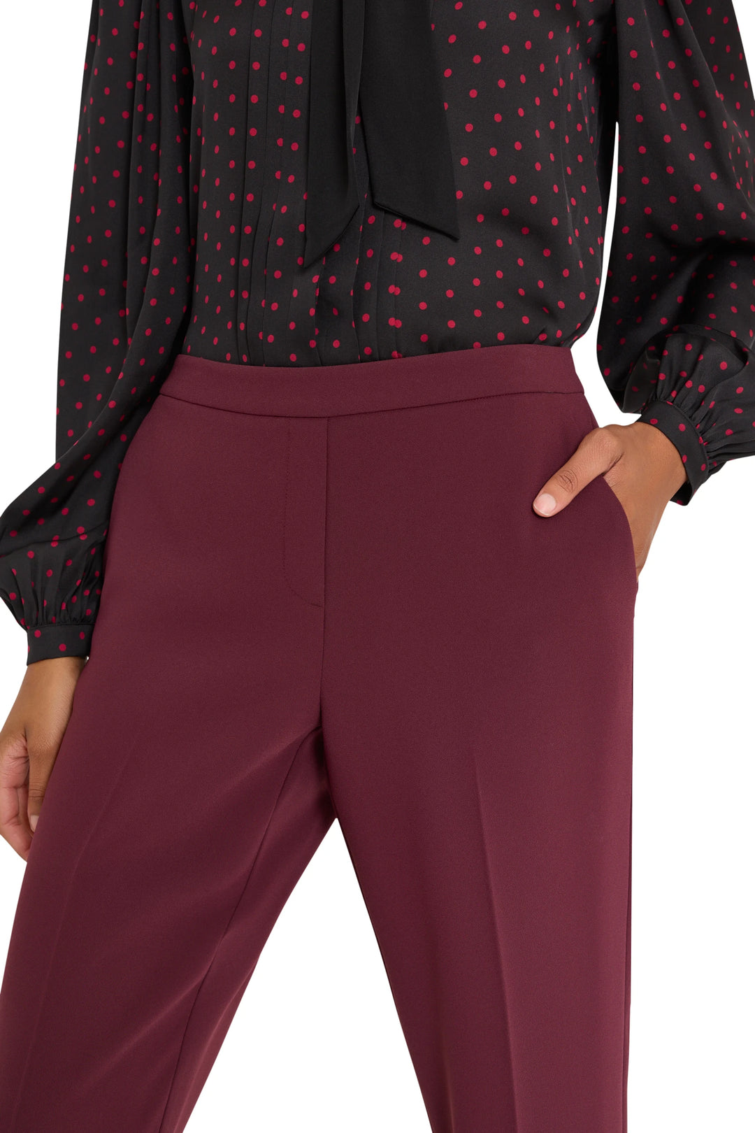 Ankle-length crepe pant with pull-on waist and slim leg silhouette, front view on model.