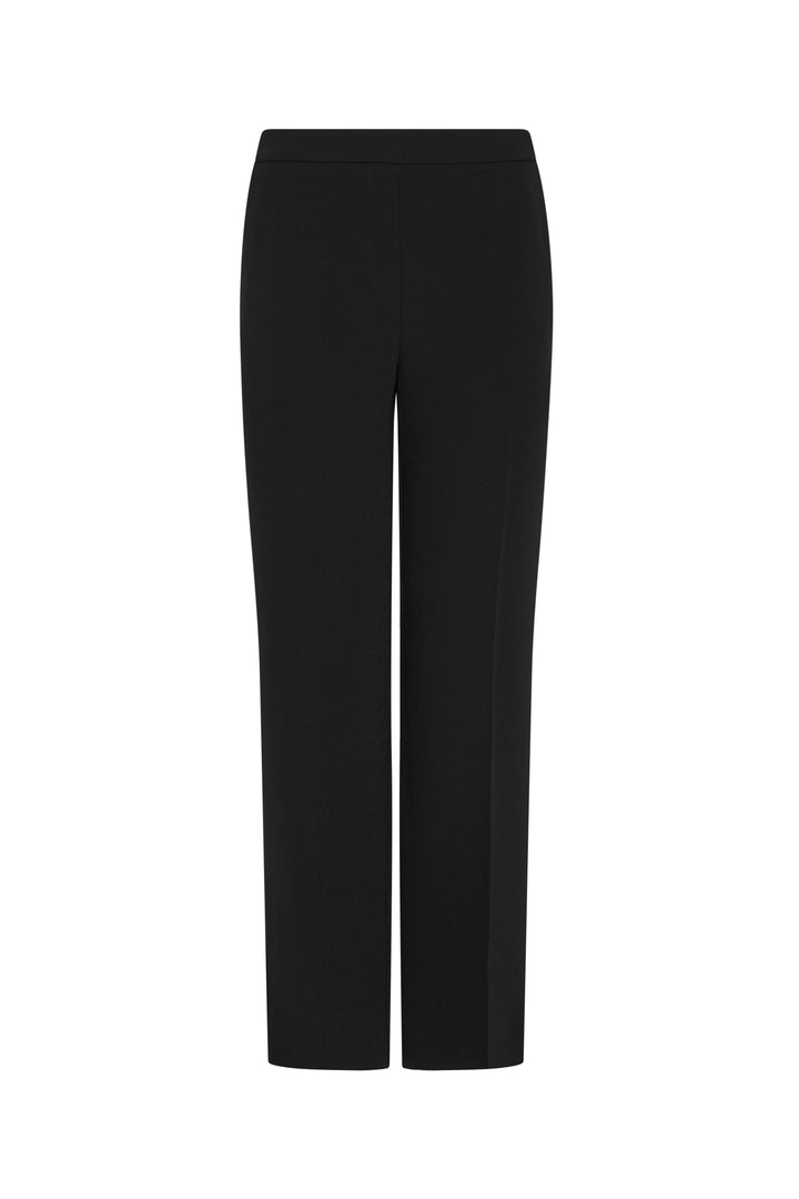 Slim crepe ankle pant with pull-on waist, elasticized back, flat front; silhouette tapers at ankle. Front view on white.