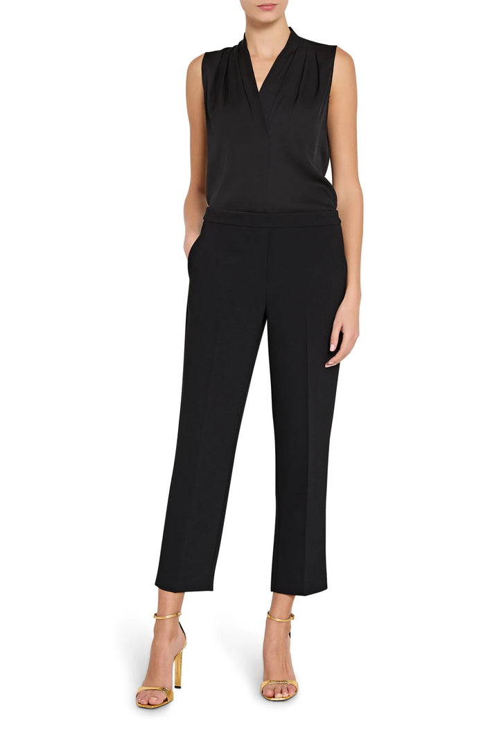 Fluid crepe ankle pant with elastic pull-on waistband and straight leg, front view on model.
