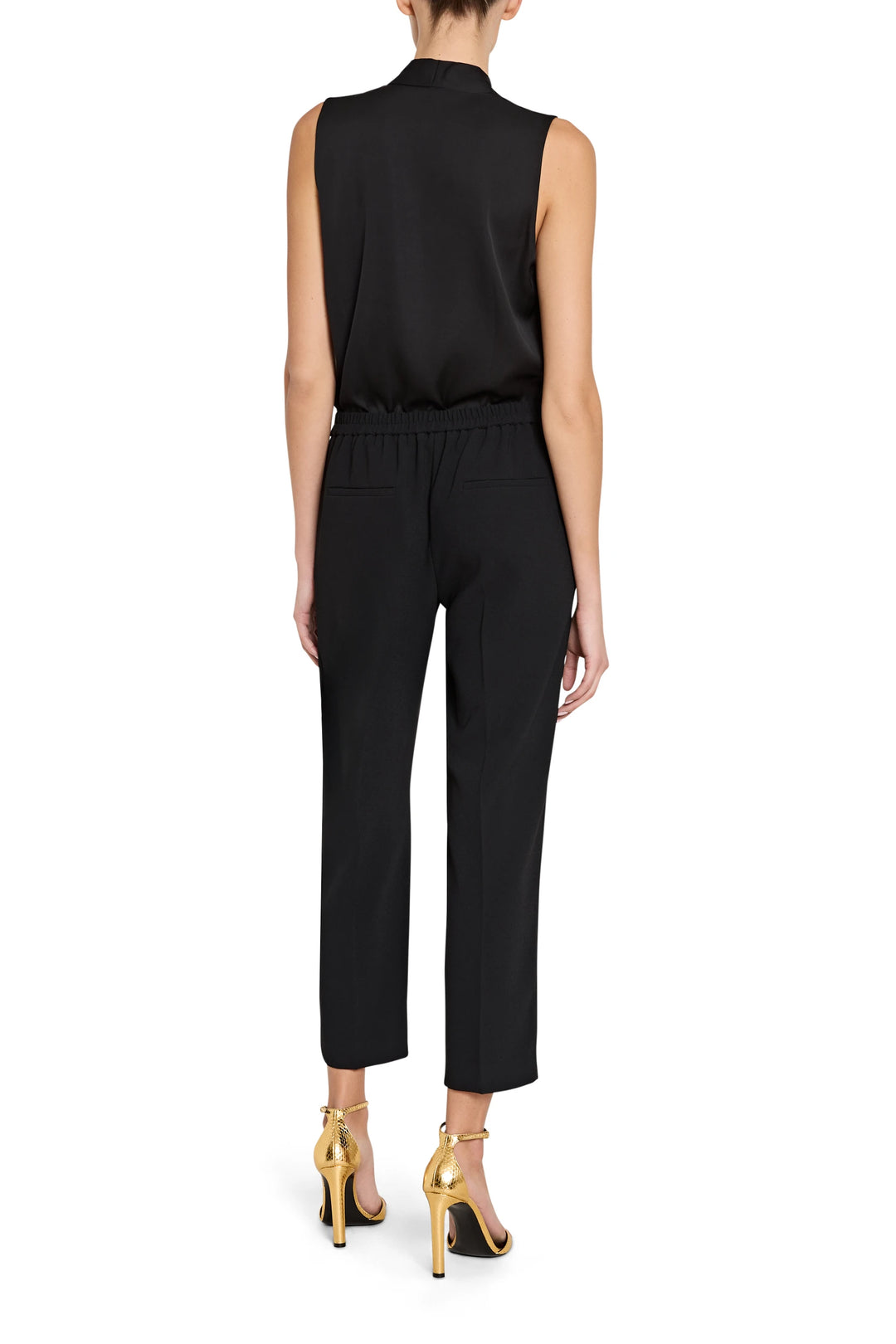Crepe pull-on ankle pant, streamlined silhouette with elastic waist and cropped hem, back view on model.