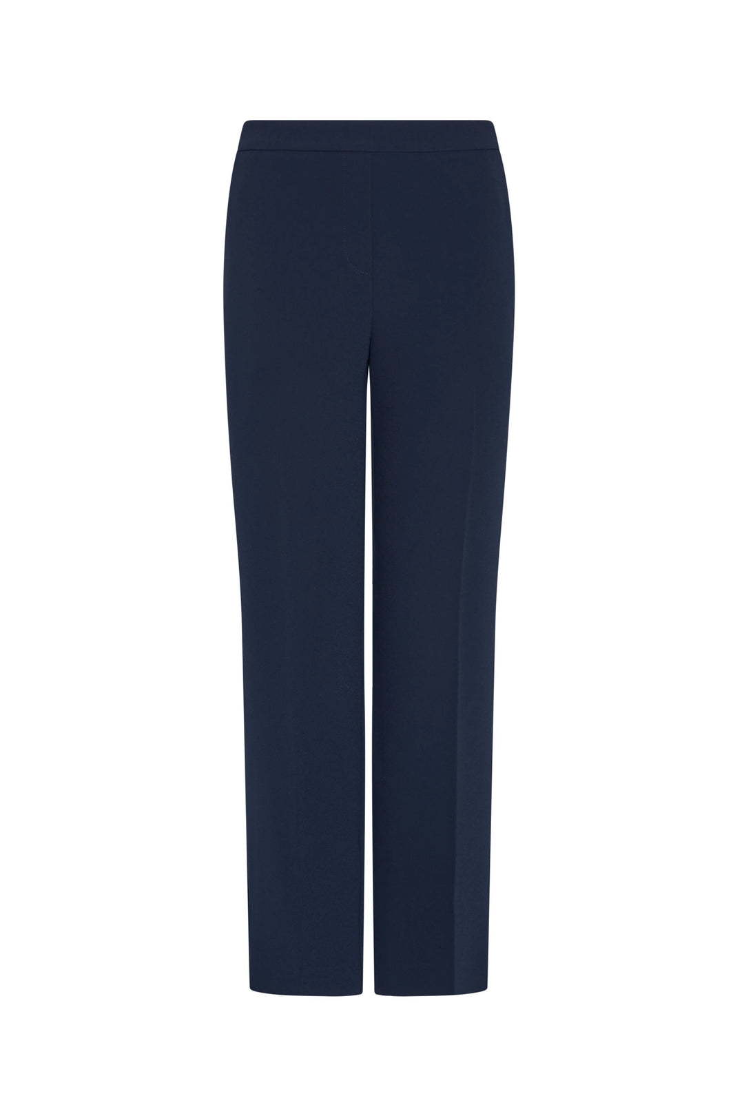 Straight-leg crepe ankle pant with elastic back waistband in navy shown as full silhouette, front view on white.