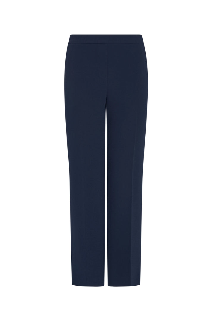 Straight-leg crepe ankle pant with elastic back waistband in navy shown as full silhouette, front view on white.