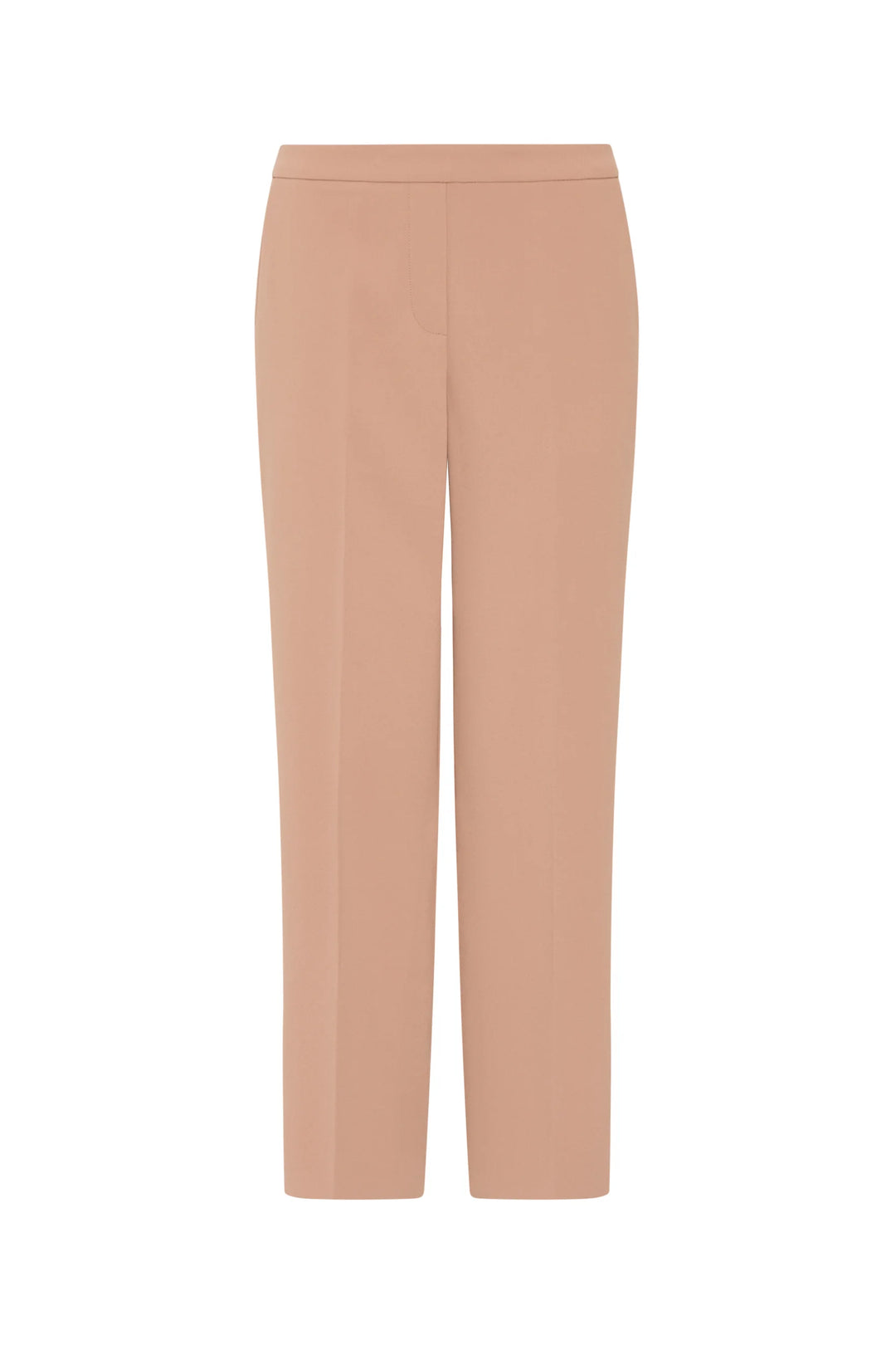 Straight-leg crepe ankle pant with elastic back waist, smooth front, and clean hem. Front view on white background.