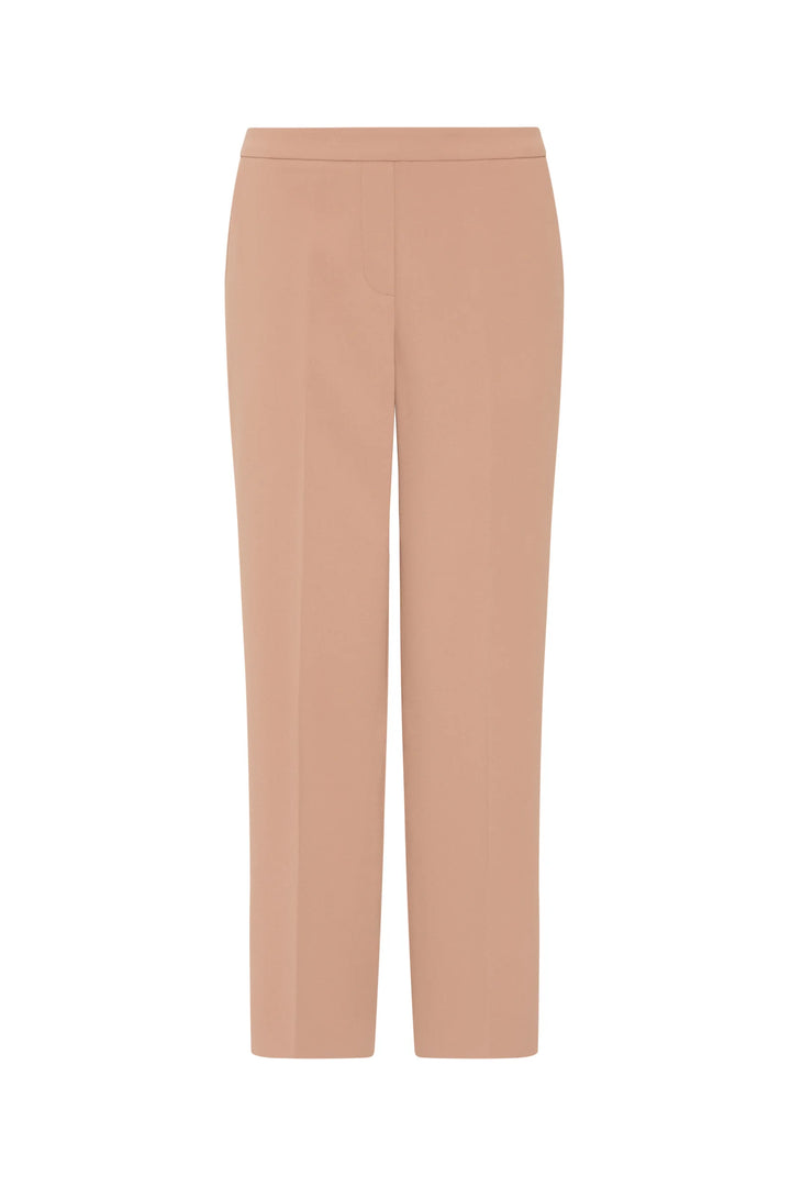 Straight-leg crepe ankle pant with elastic back waist, smooth front, and clean hem. Front view on white background.