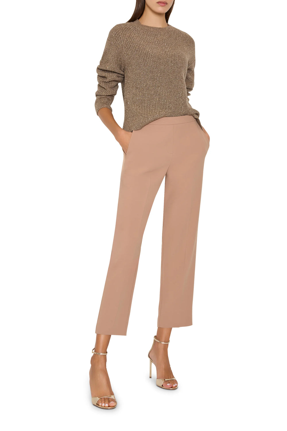 Slim ankle-length crepe pants with pull-on waistband and clean front; narrow fit. Front view on model.