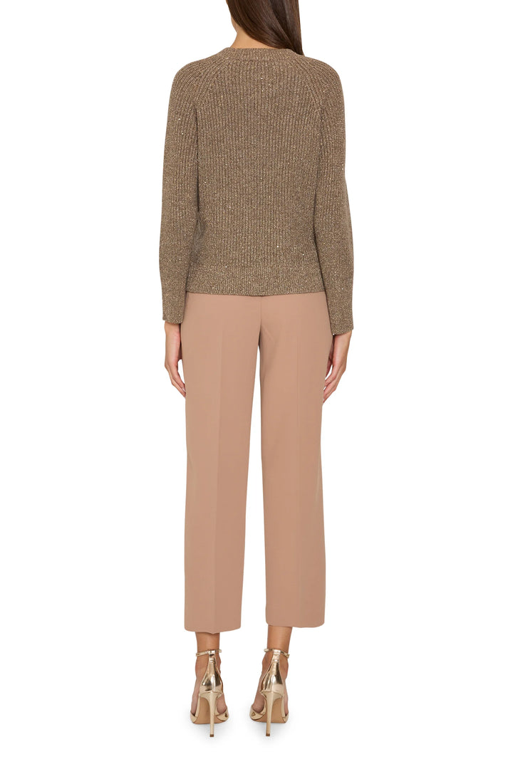 Crepe ankle pant with elastic back waist, pull-on design, and flattering straight-leg silhouette; front view on model.
