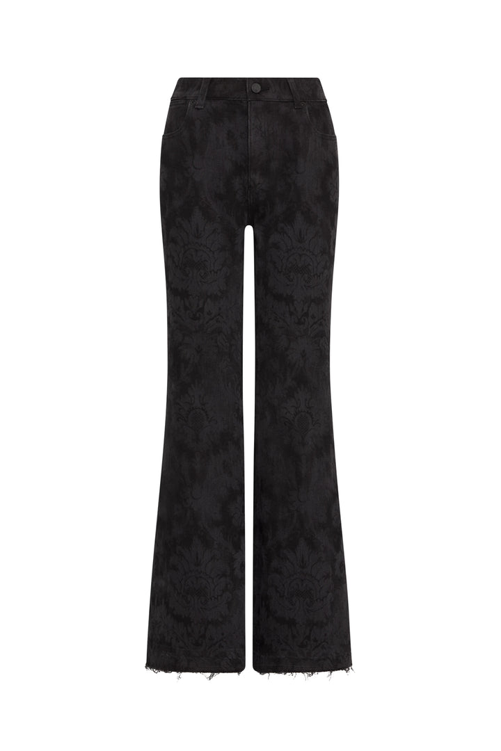 Wide-leg flare denim jeans with subtle floral brocade-inspired print and frayed hems, front view on white.
