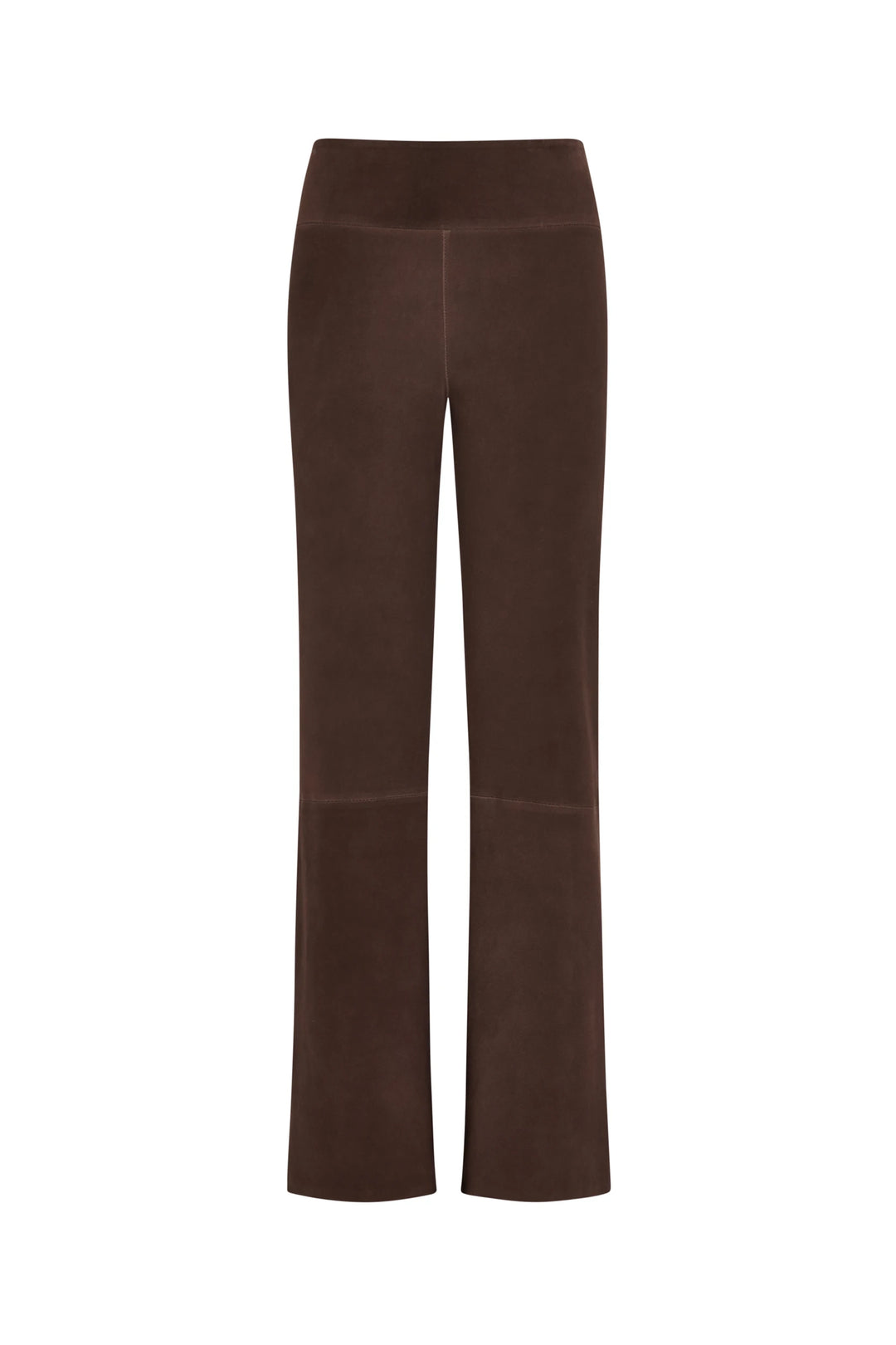 High-waisted pull-on pant in stretch suede with visible seams and tailored fit, front view on white.
