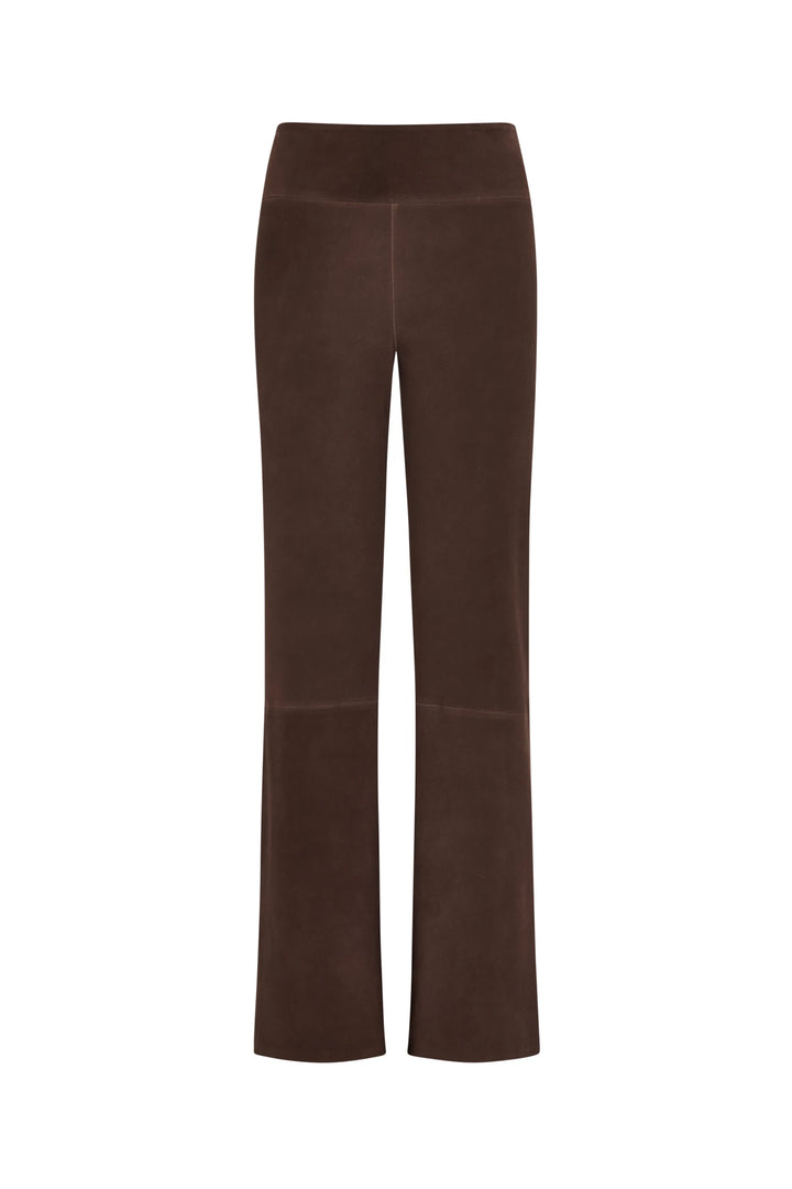 High-waisted pull-on pant in stretch suede with visible seams and tailored fit, front view on white.