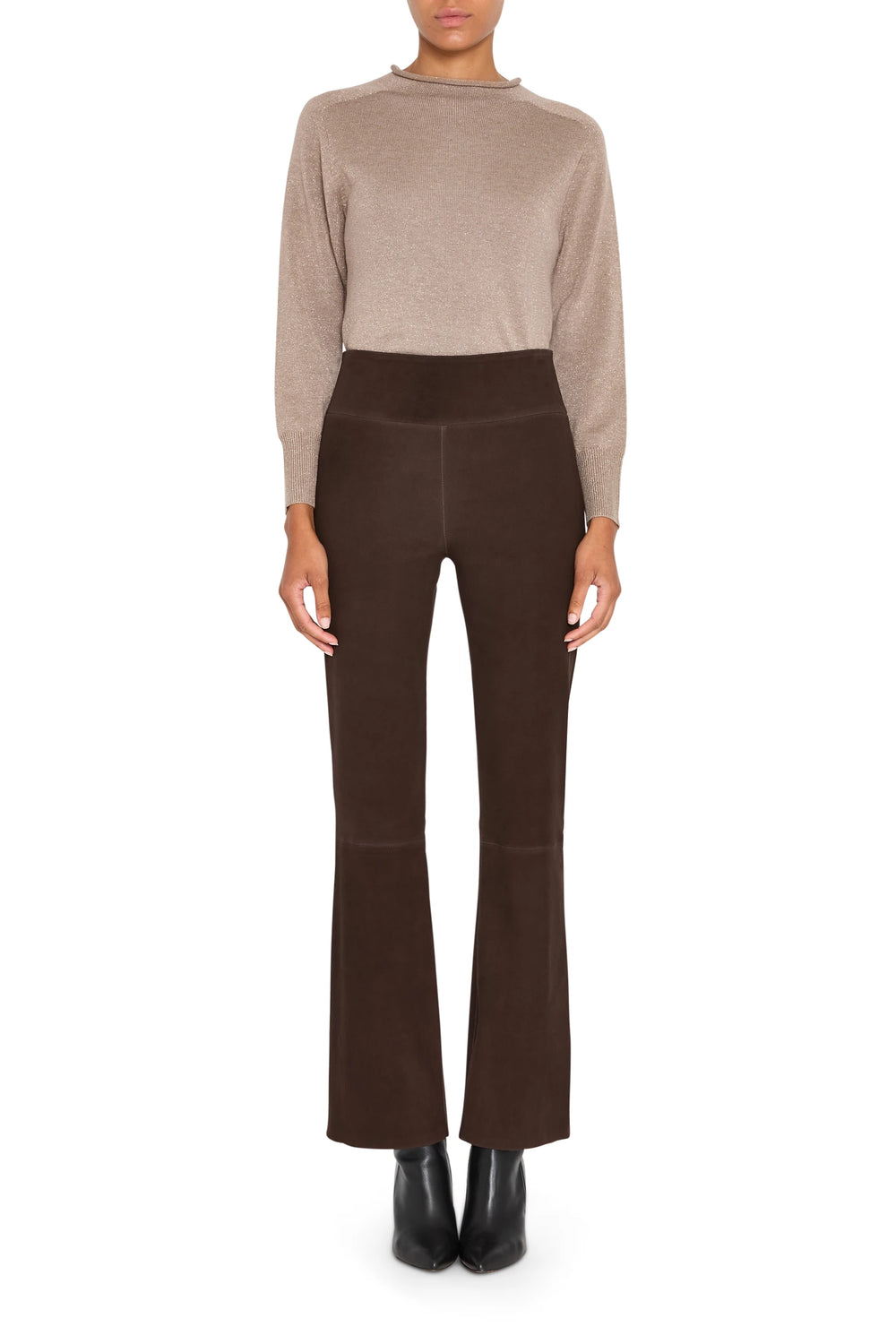 Wide-leg suede pull-on pant with smooth finish, elastic waist; front view on model.