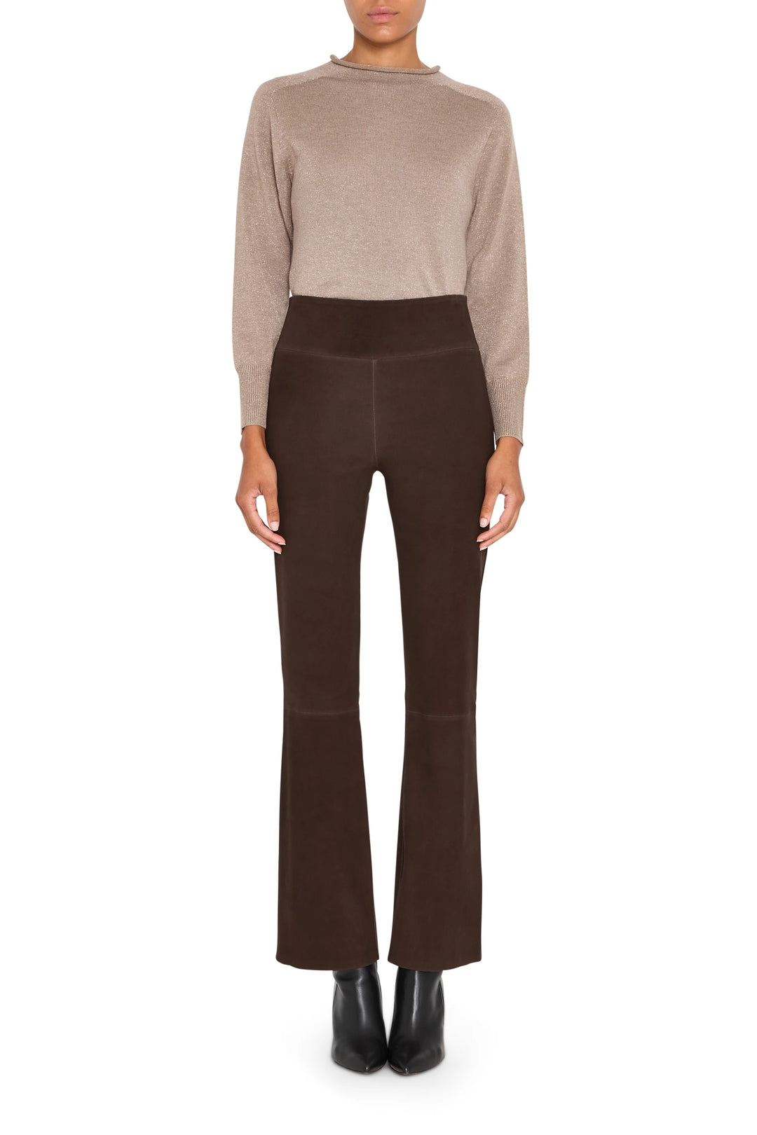 Wide-leg suede pull-on pant with smooth finish, elastic waist; front view on model.