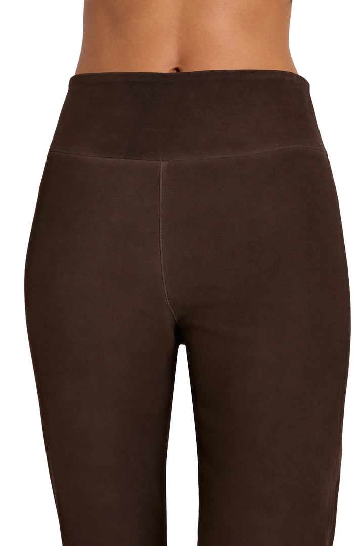 High-waisted suede pull-on pant with slim silhouette and smooth finish, stretch construction; front view on model.