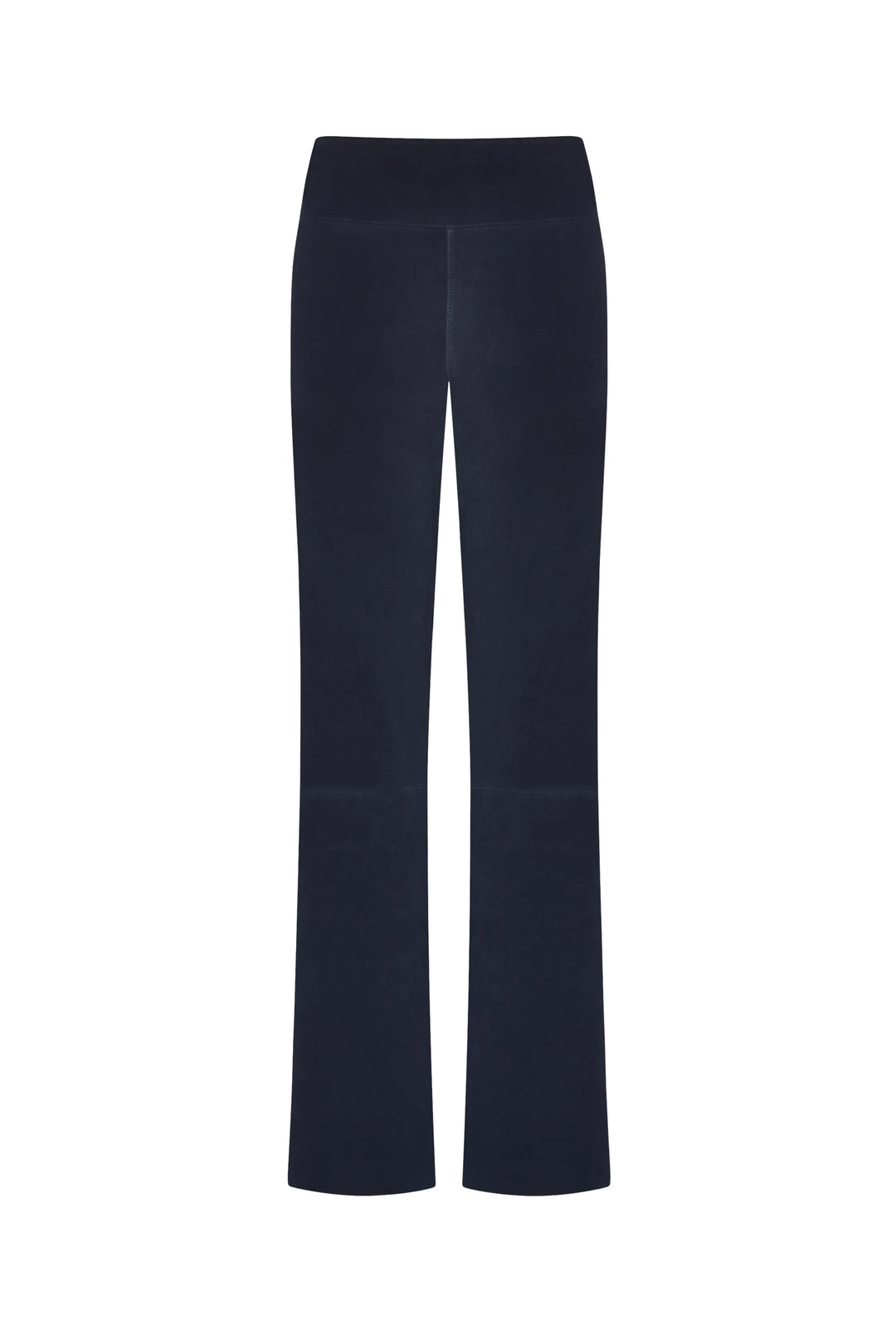 High-waisted, flared-leg pant in suede with clean silhouette and no visible hardware, front view on white background.