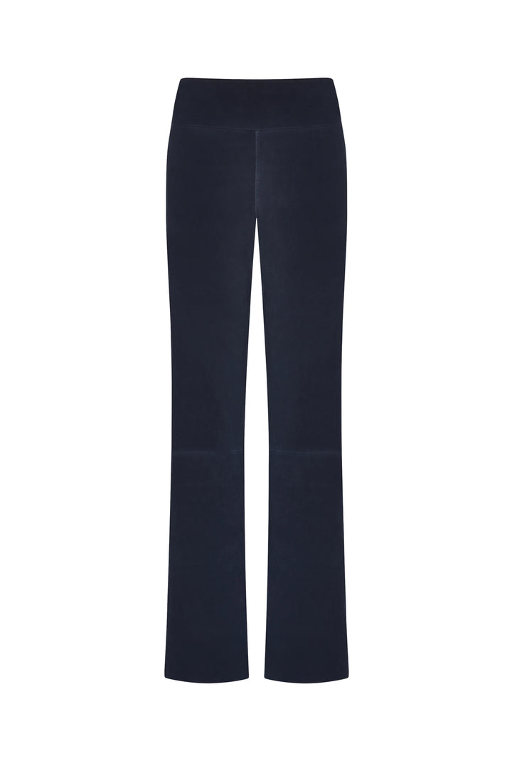 High-waisted, flared-leg pant in suede with clean silhouette and no visible hardware, front view on white background.