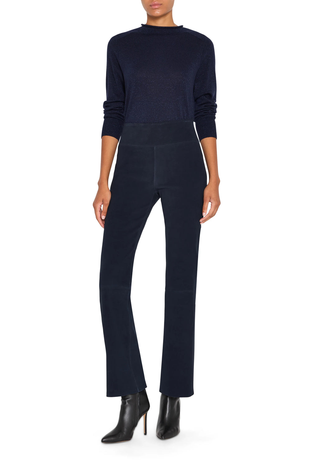Wide-leg suede pull-on pant with seam detailing and soft drape, front view on white.