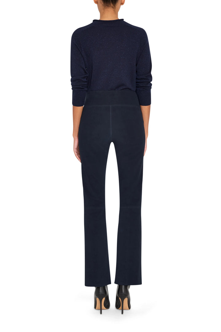 Wide-leg suede pull-on pant with smooth finish and elastic waistband; back view on model.