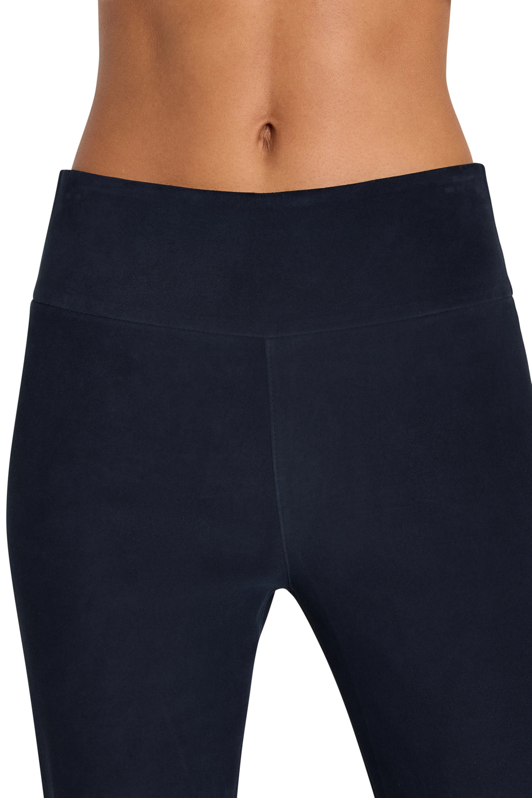 High-waisted, straight-leg suede pant with smooth finish and minimal seams; front view on model.