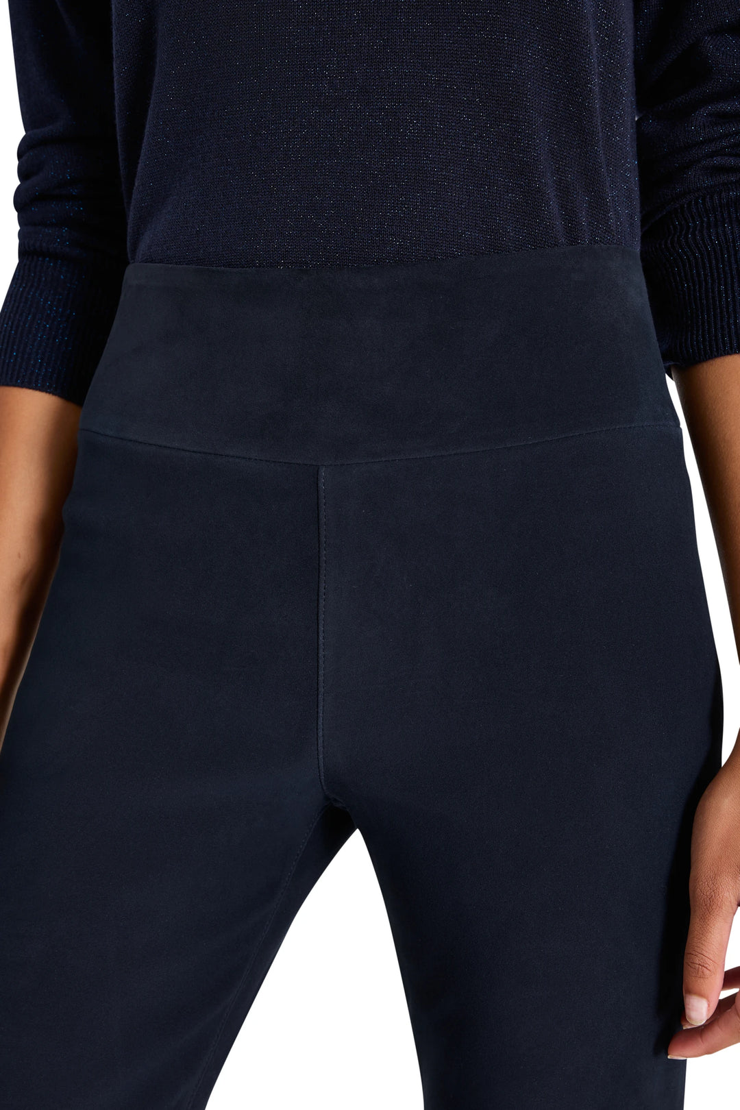 Wide-leg suede pull-on pant with elastic waistband, streamlined silhouette; front view on model.
