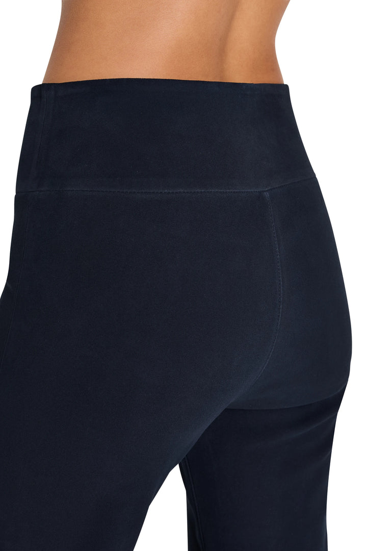 Suede wide-leg pull-on pant with elastic waistband and clean hem in dark navy, detail view.