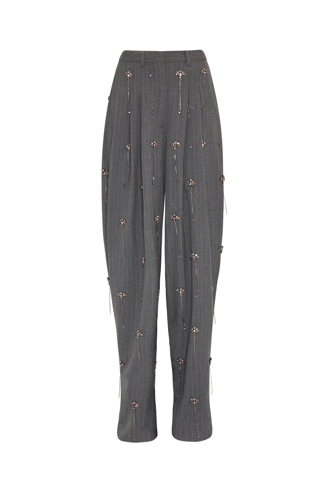Barrel-leg pant with subtle pleats, small floral embellishments, structured construction; front view on white.