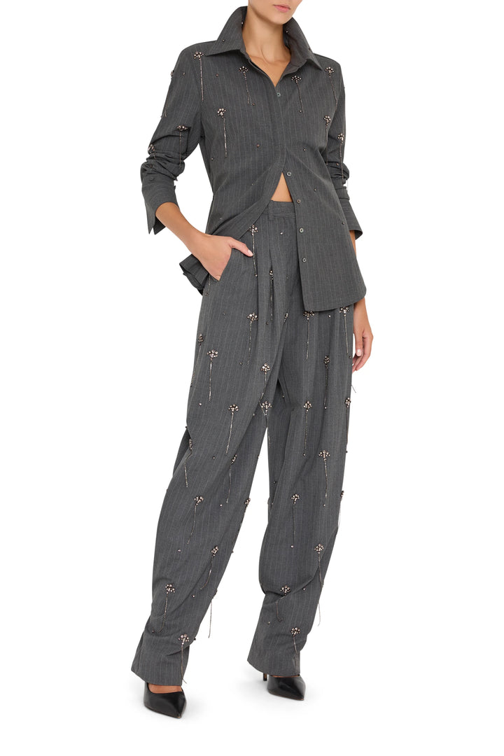 Wide-leg Bree Pant with embellishments, tailored waist, structured fabric; front view on model.