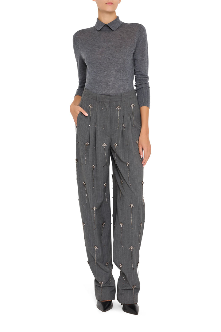 Wide-leg Bree Pant with embellishment detail, structured waistband, front view on model.
