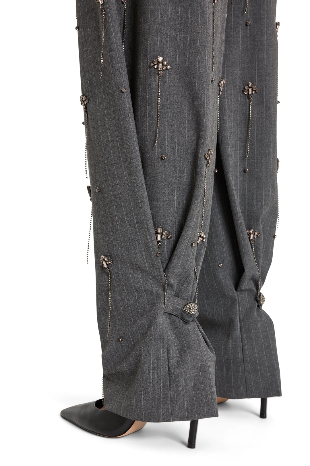 Barrel-leg gray pinstripe trousers with gathered cuffs, tailored waistband, front view on white.