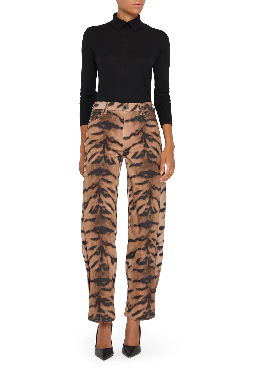 Wide-leg denim pant with allover animal print and five-pocket construction, front view on model.