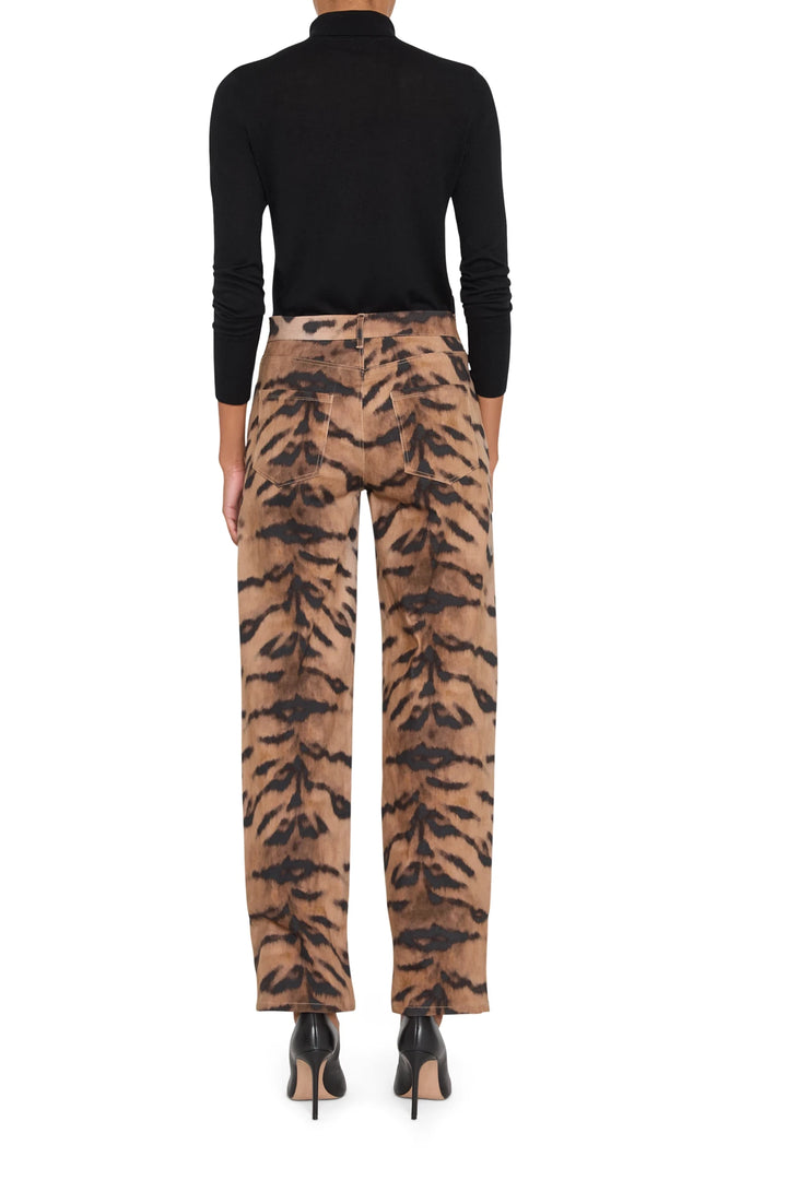 Animal Printed Denim Pant with wide-leg silhouette and classic denim construction, back view on model.