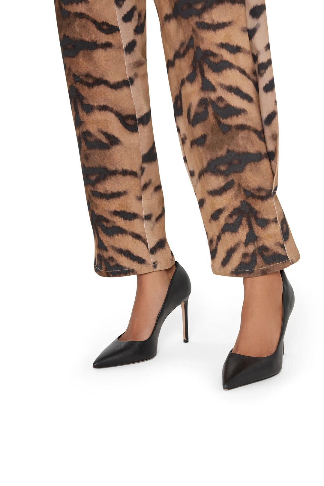 Wide-leg denim pant with animal print and classic five-pocket construction, front view on white.