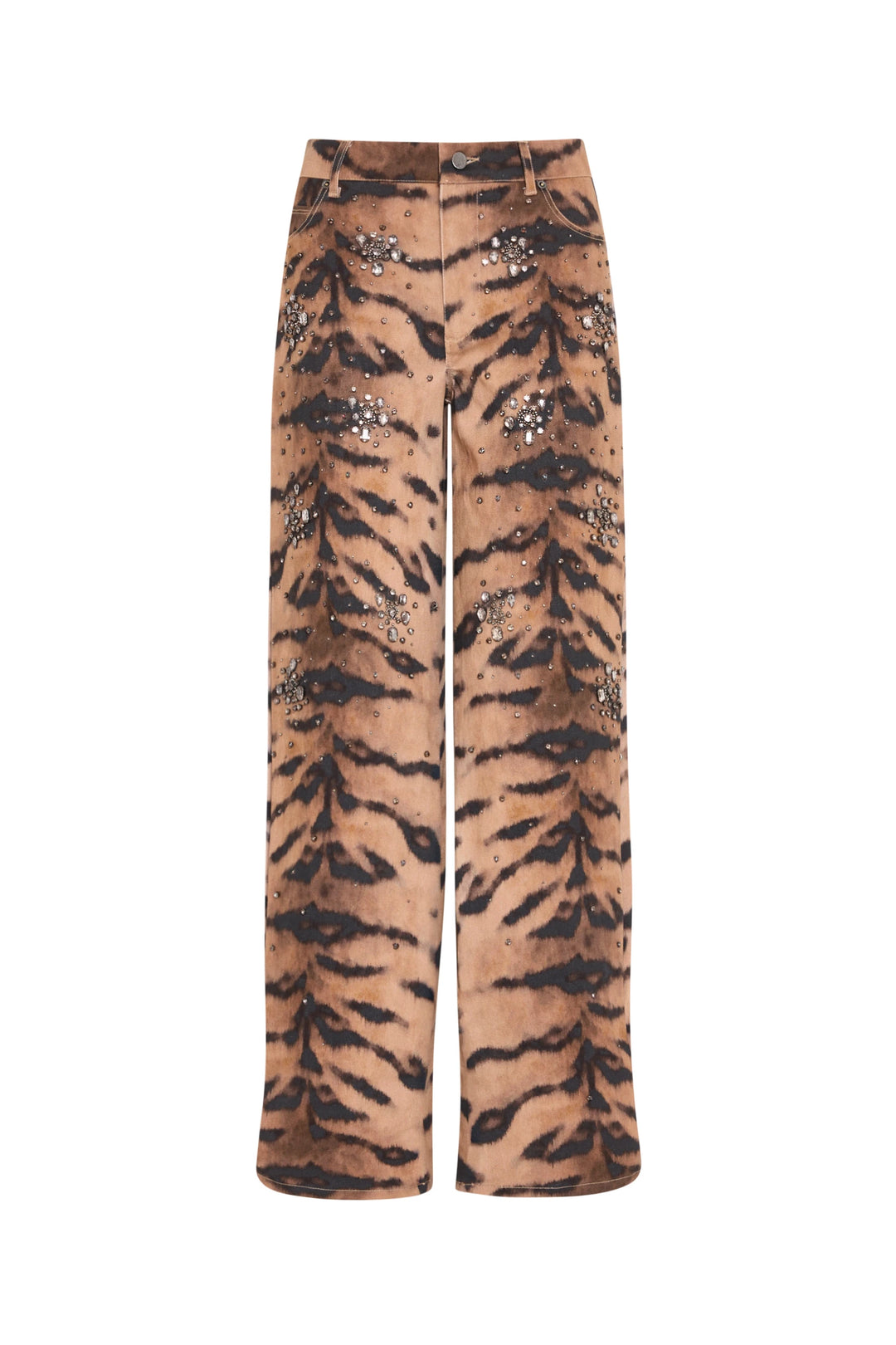 Wide barrel-leg denim pant with tiger print motif, silver sequin embellishments. Front view on white.