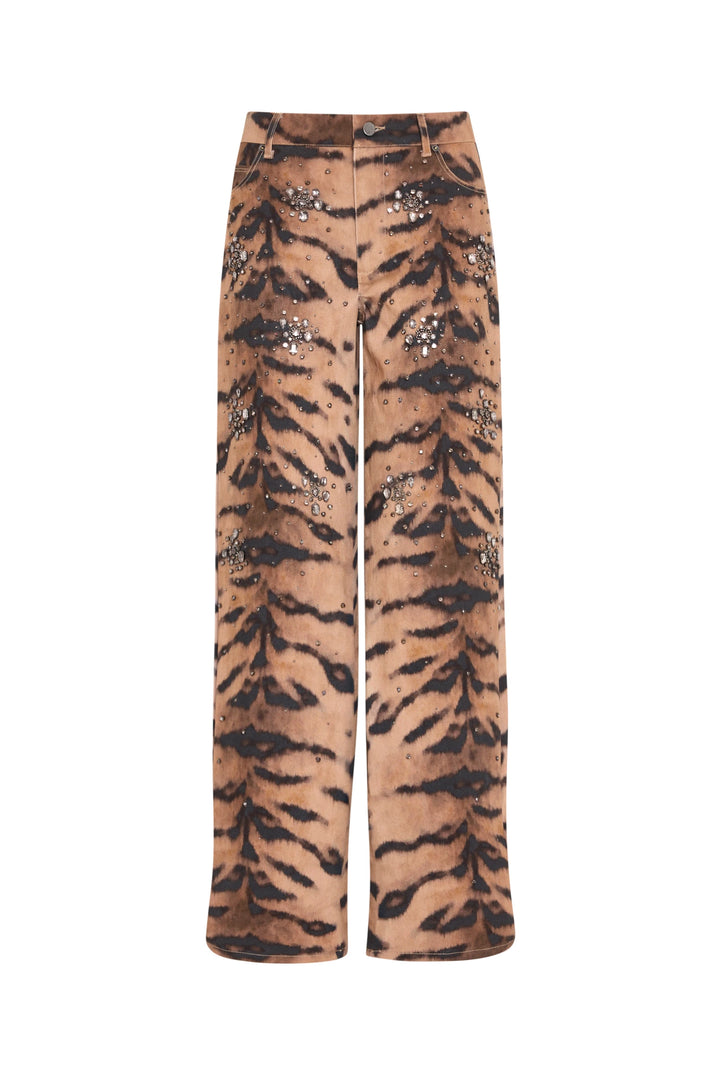 Wide barrel-leg denim pant with tiger print motif, silver sequin embellishments. Front view on white.