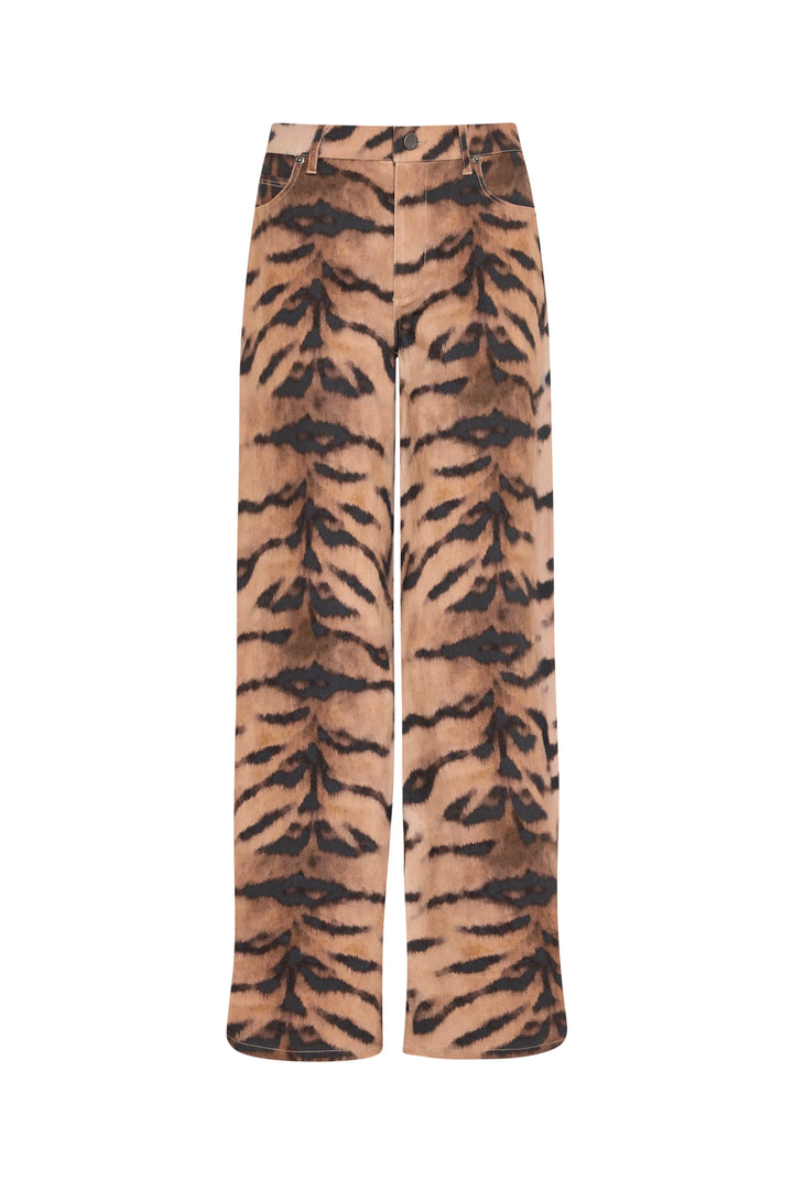 Wide-leg denim pant with front pockets, belt loops, tiger print pattern. Front view on white.